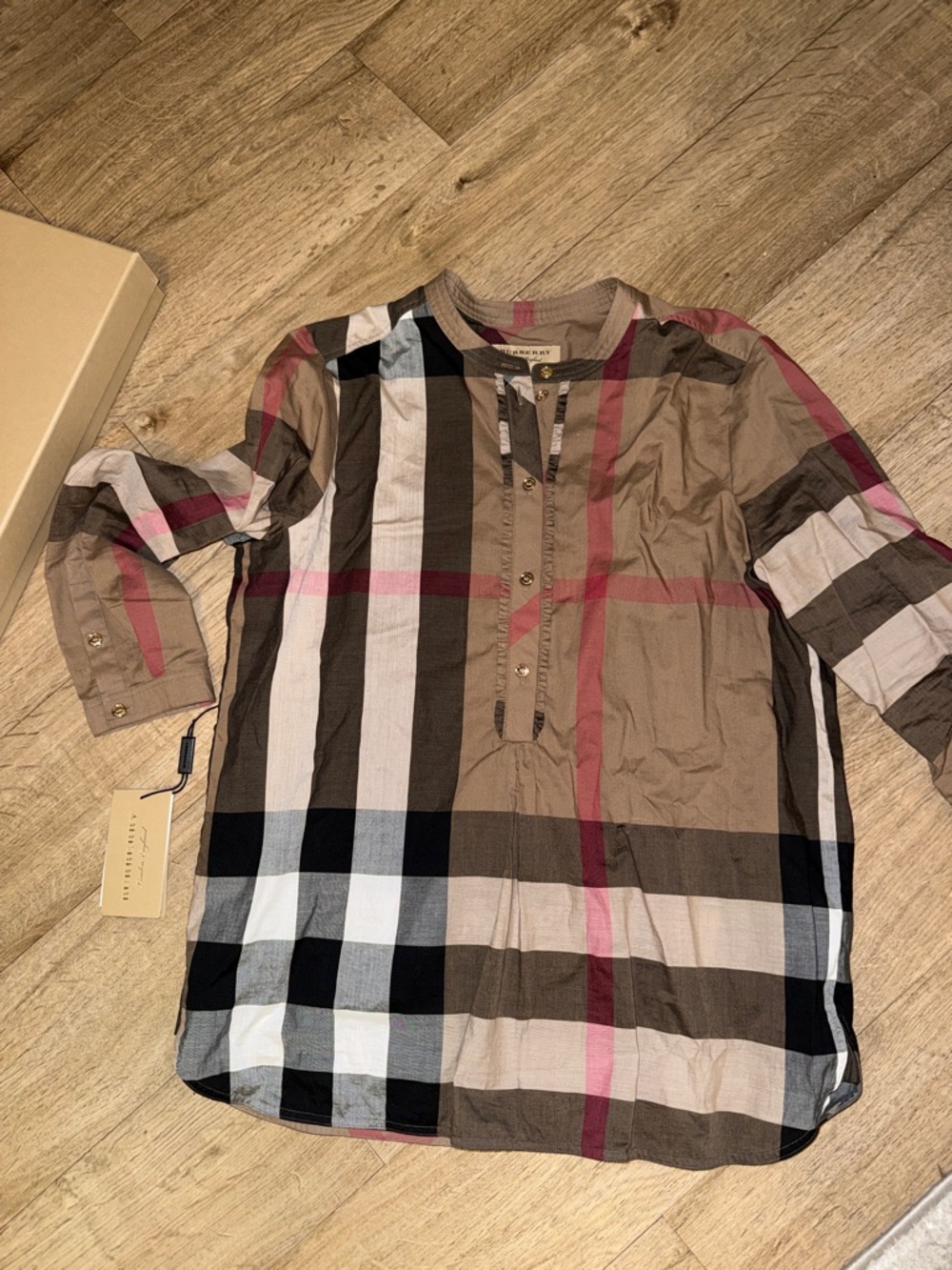 Burberry Tan, Black & White Check Button-Front Shirt with Pink Accents